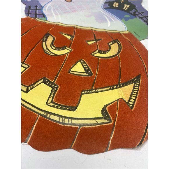 Vintage Halloween Decorations Cardstock Decor Ghost in Pumpkin Two Sided Velvet - Picture 3 of 9